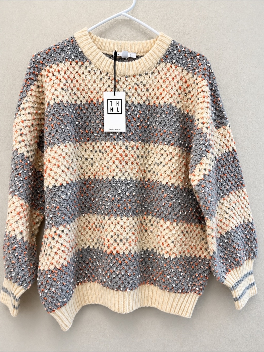 THML Chunky Striped Crewneck Sweater in Cream, Gray & Rust Speckle